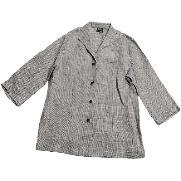 Connie Roberson Linen Plaid Button Up Shirt Womens Size XS USA Made White Brown - Picture 1 of 9
